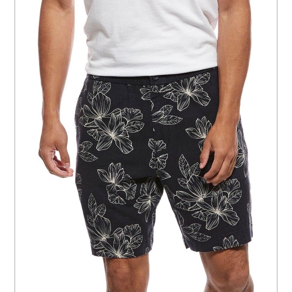 Vince Mens Navy White Floral Linen Blend Drawstring Shorts Size M NWT